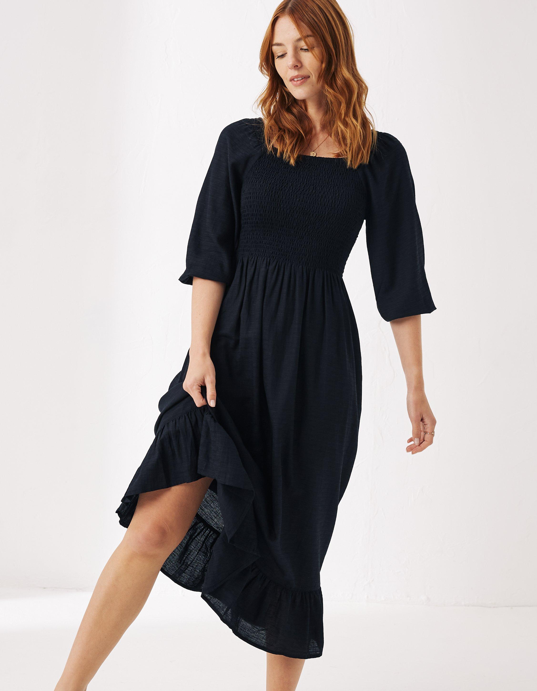 New Look shirred square neck midi dress in black