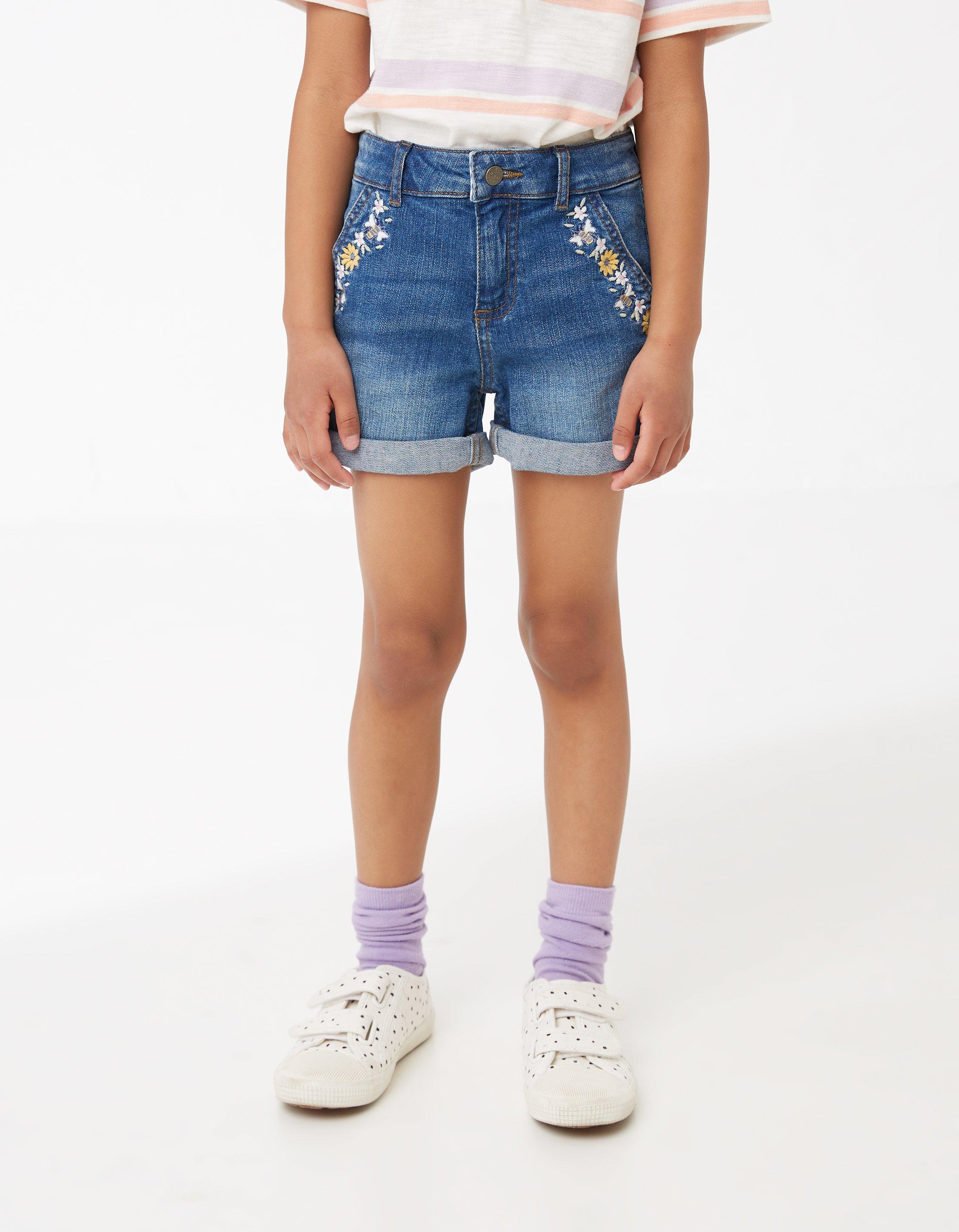 Embroidered Cotton Elastane Regular Fit Girls Denim Shorts