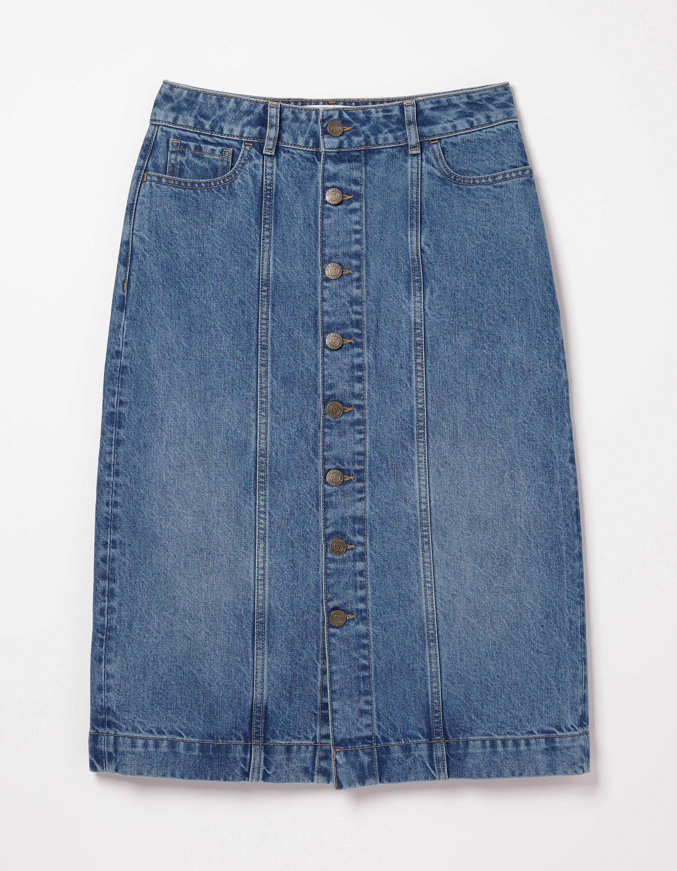 High Waist Button Front Denim Skirt With Straps