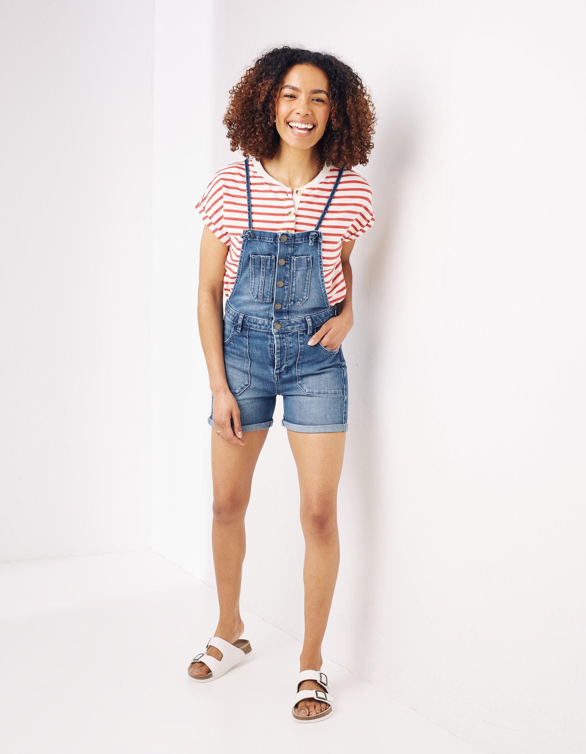 Women's Short Denim Dungaree in Mid Wash