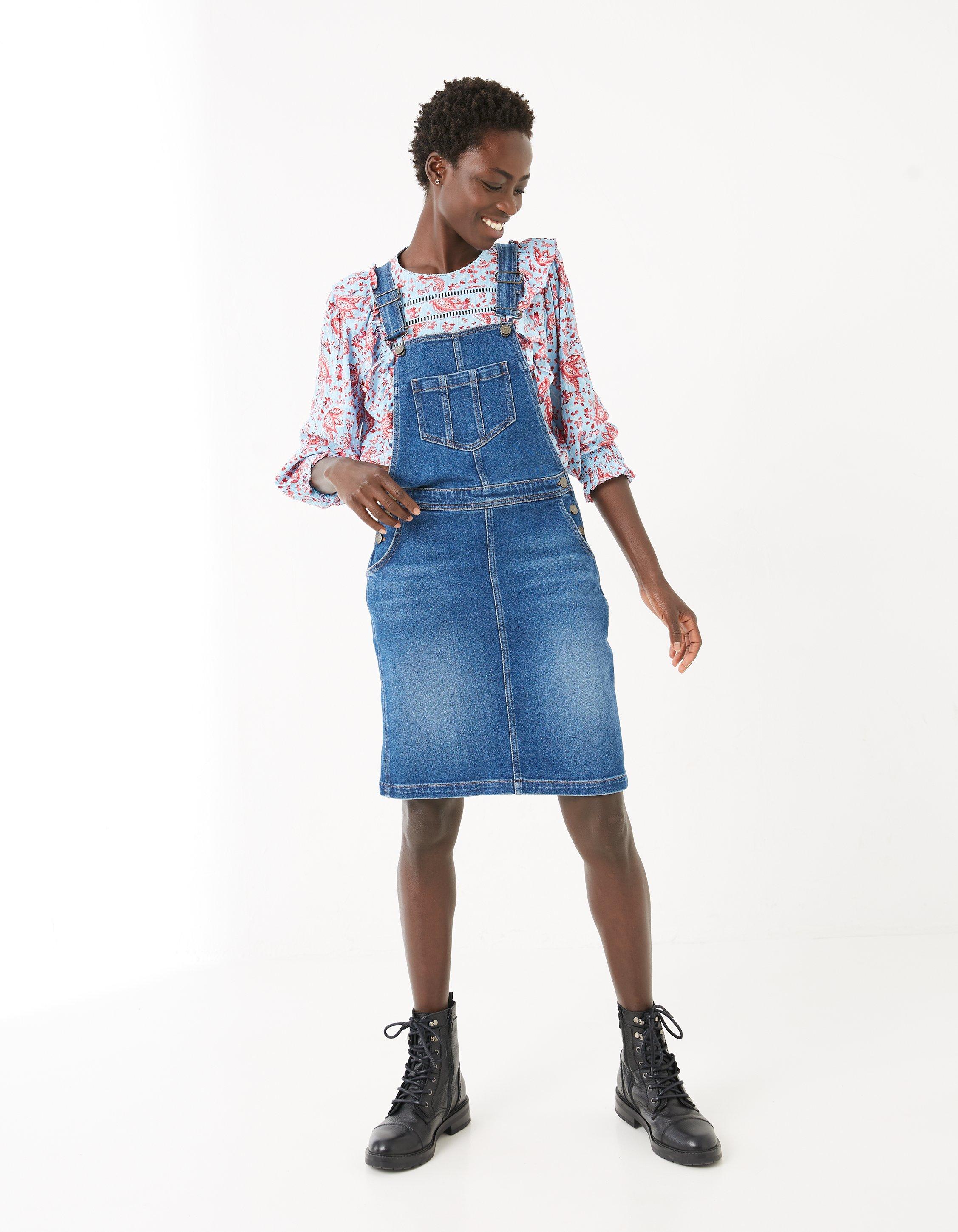 Knee length denim 2025 pinafore dress