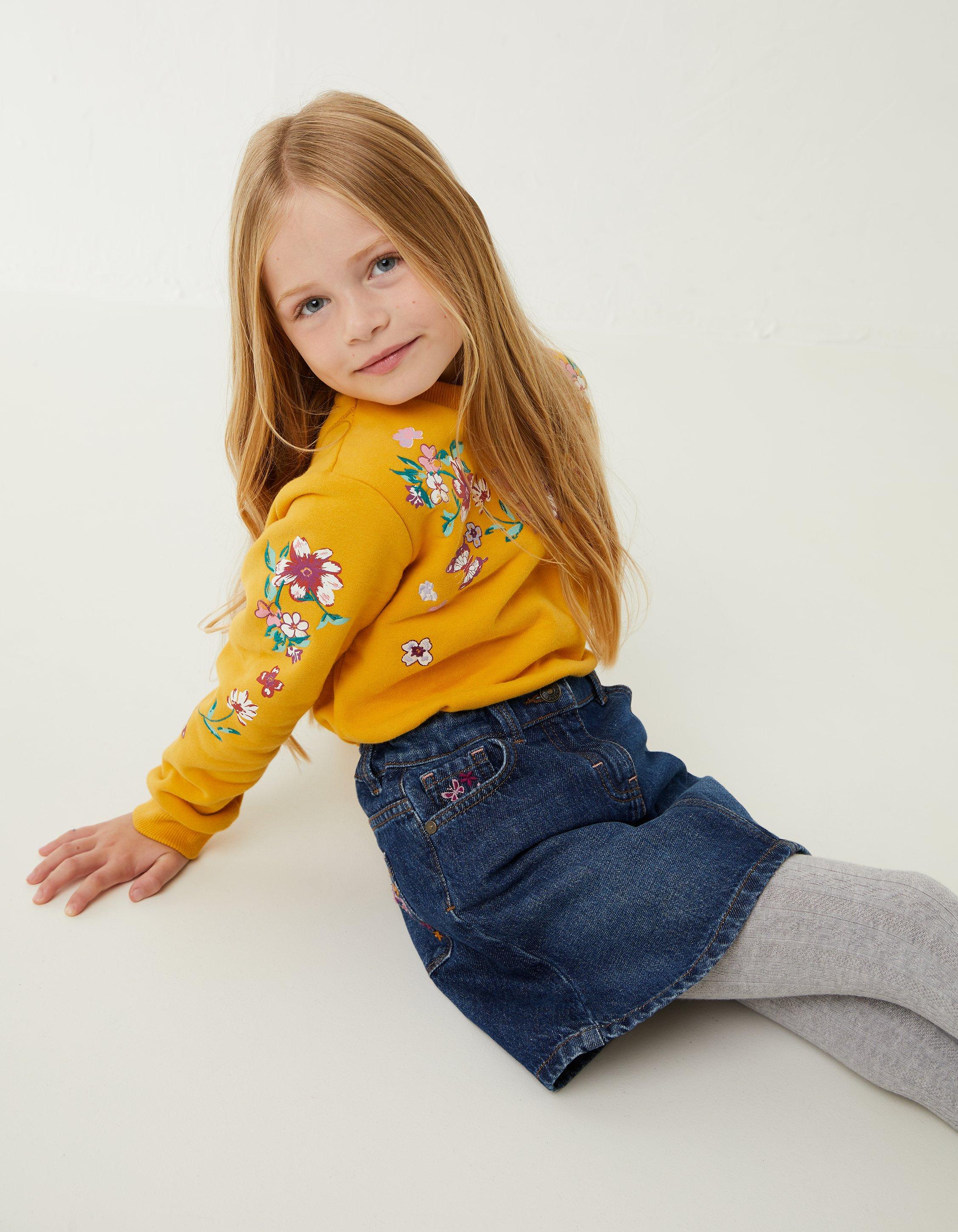 Denim Embroidered Floral Skirt