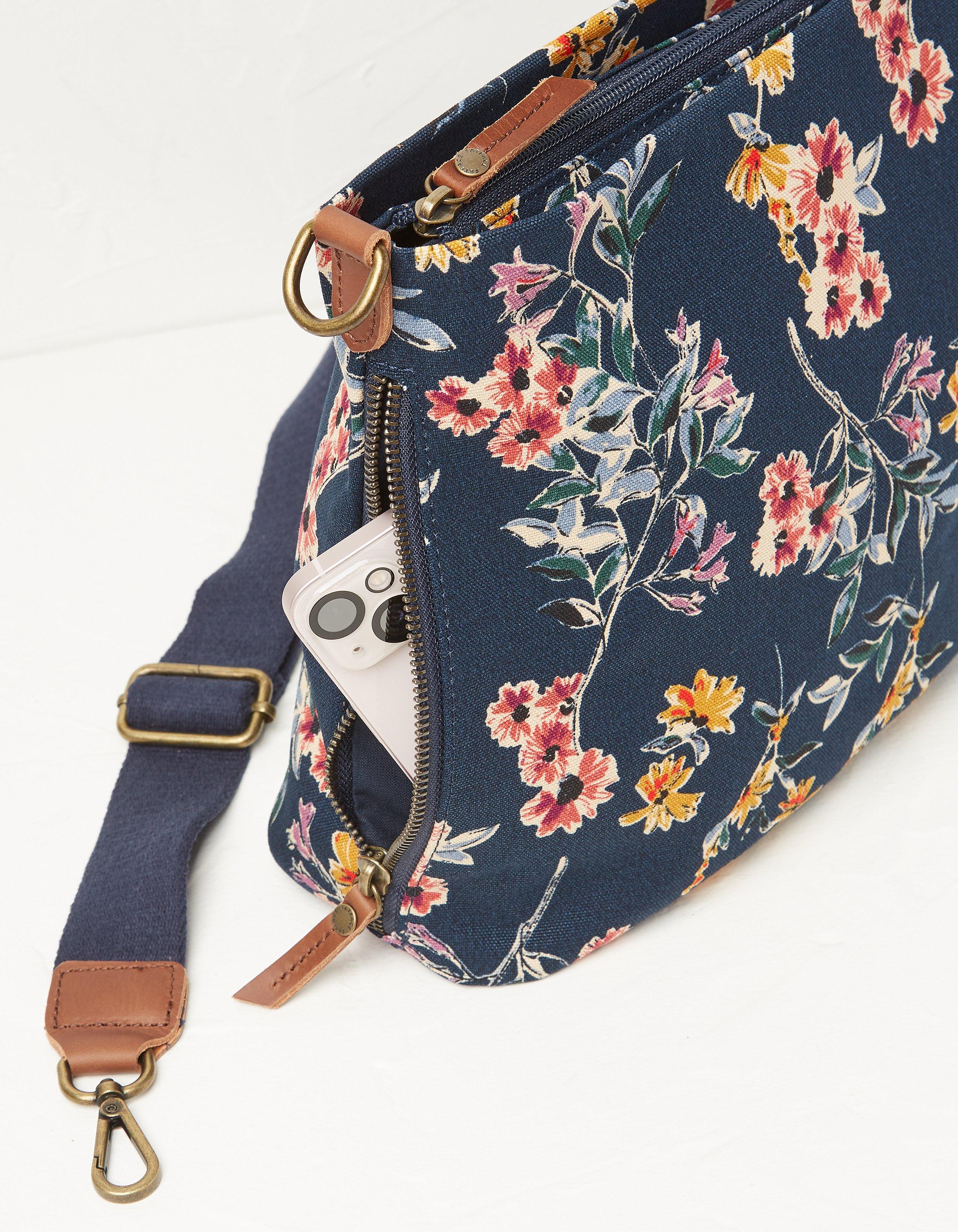 Triple Compartment Crossbody in Blooms and Branches Navy