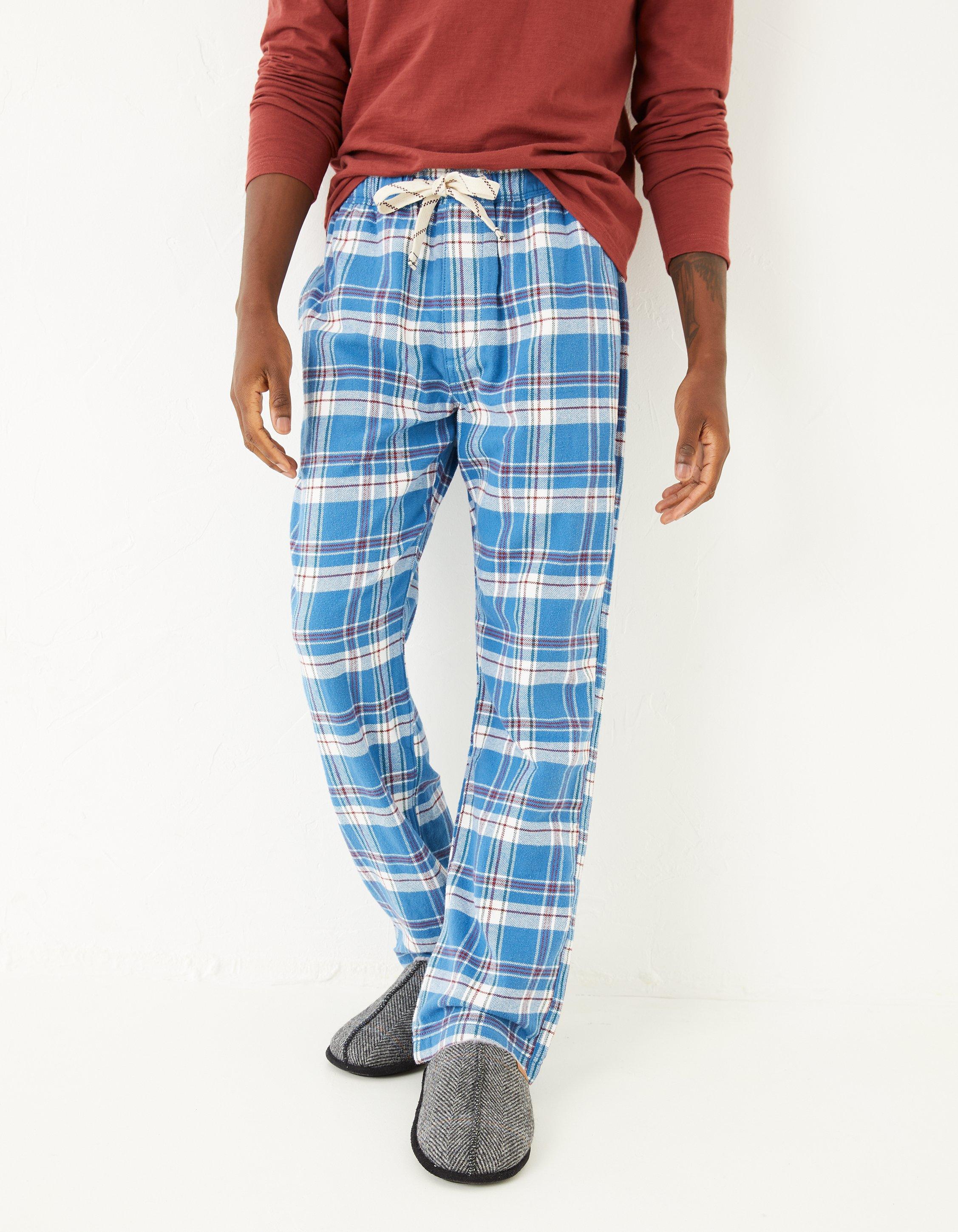 Long blue checked 100% cotton flannel pyjama bottoms, Pyjamas and  Loungewear