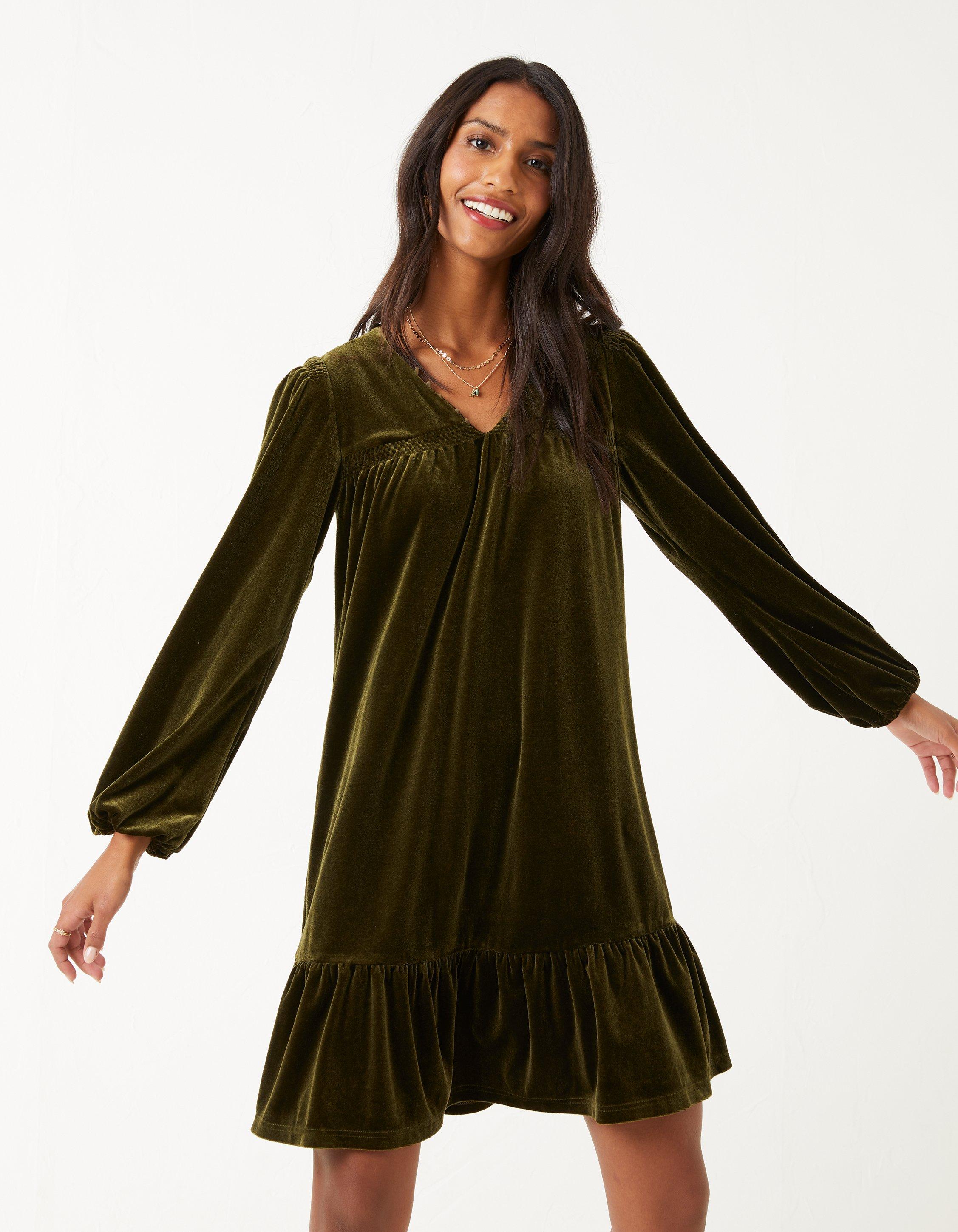 Green Poplar Velvet Swing Dress, Dresses | FatFace.com