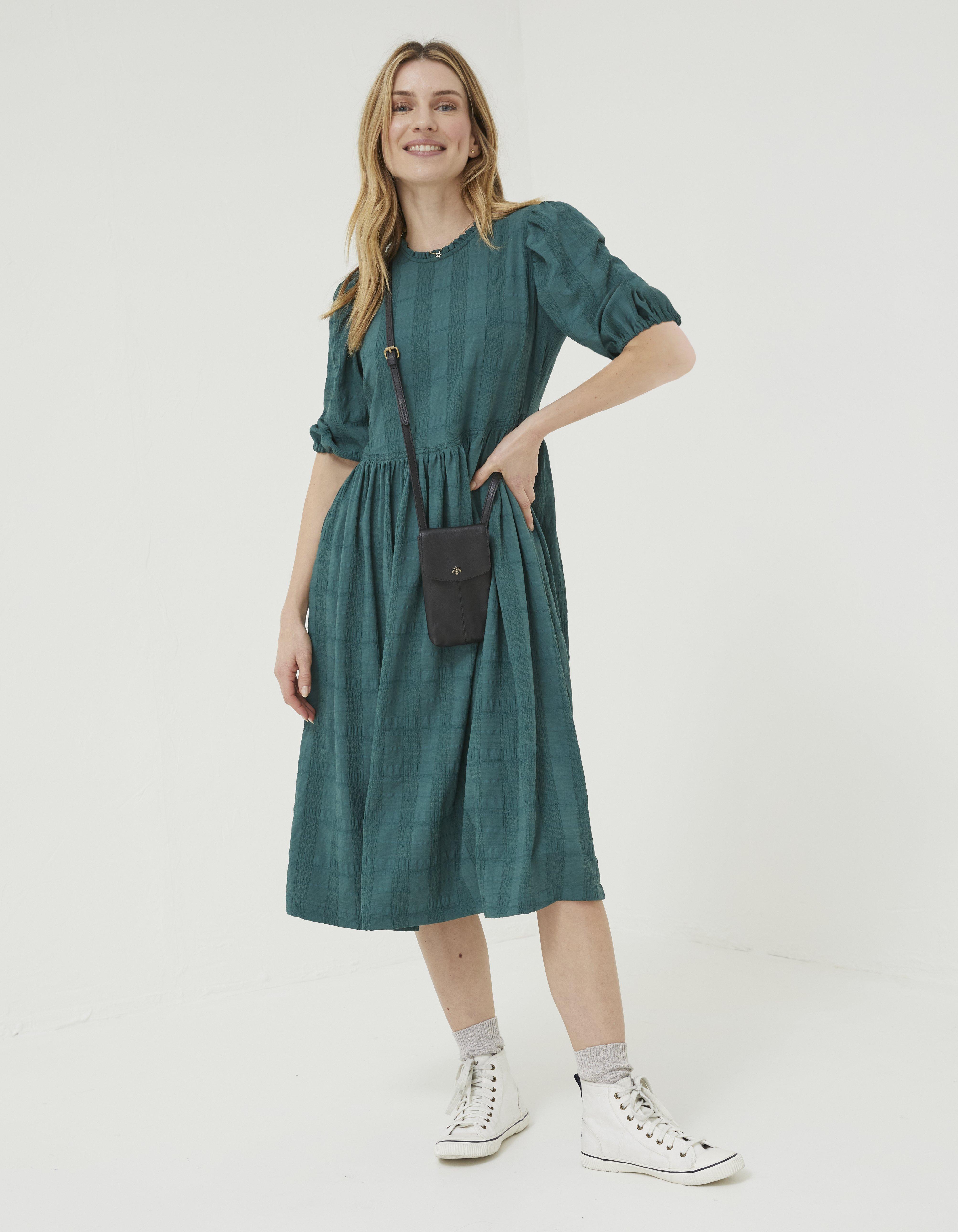 Hadley Puff Sleeve Green Midi Dress, Dresses | FatFace.com