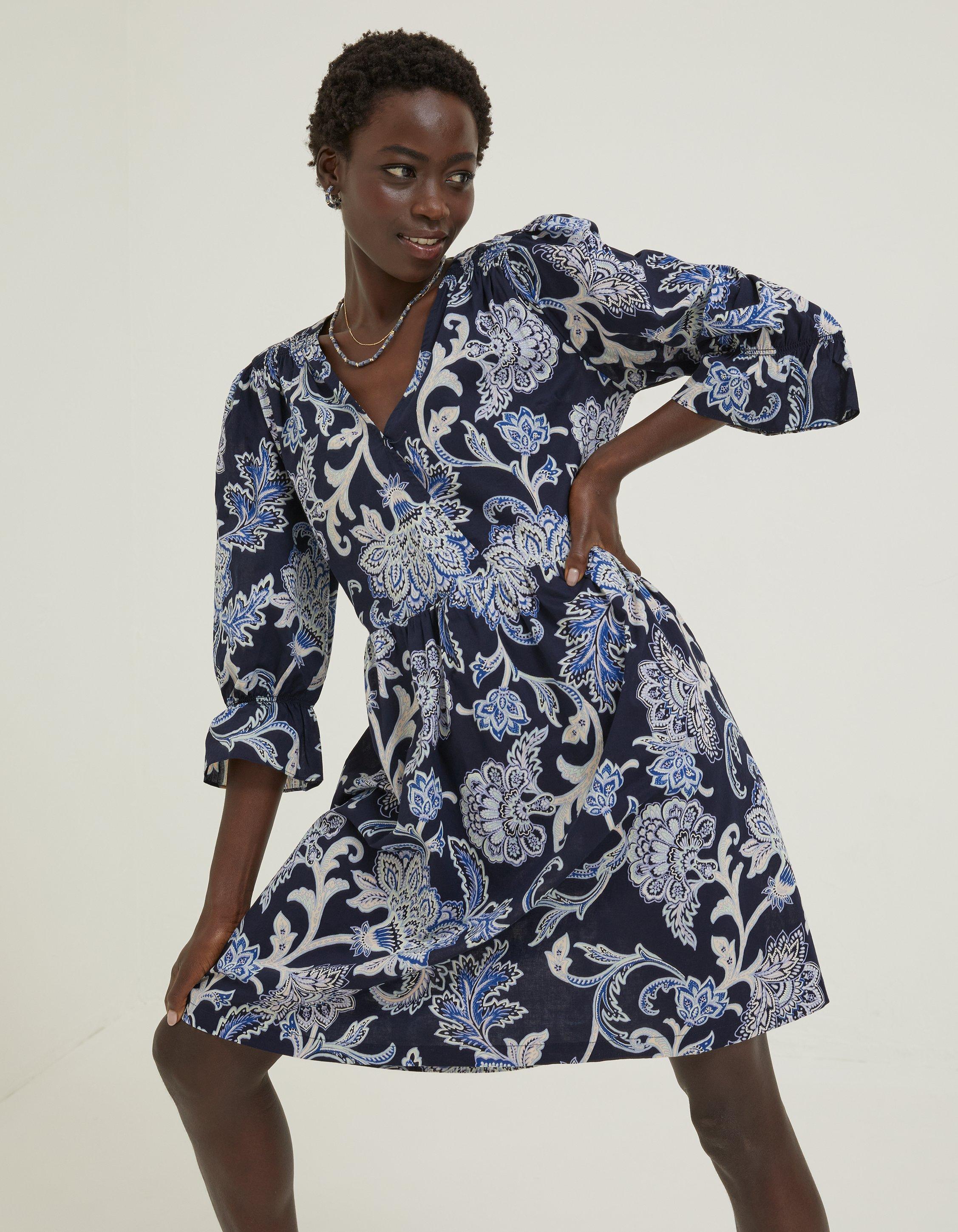 Blue and white floral hotsell wrap dress