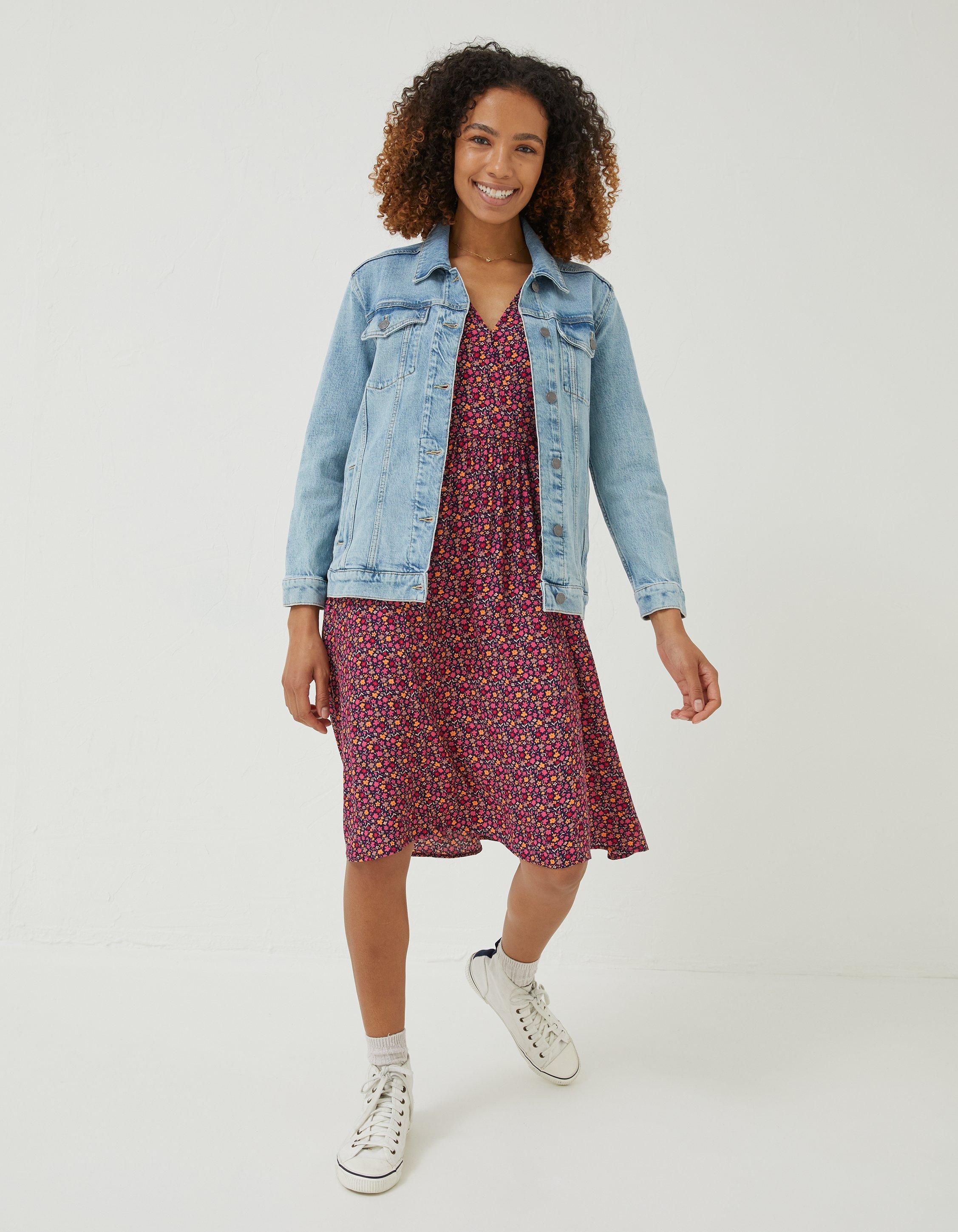 Fitted dress with denim jacket sale