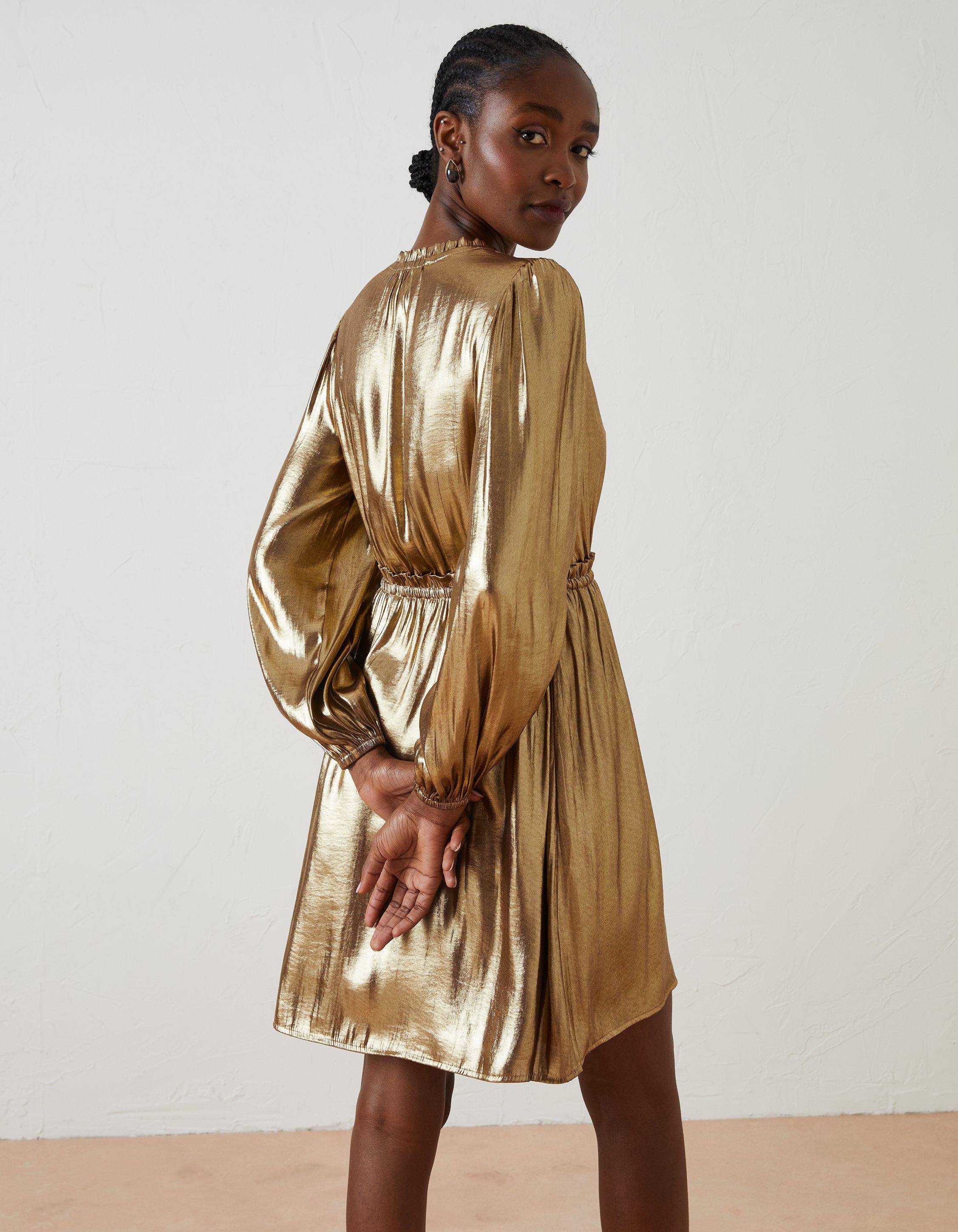 Gold lame wrap store dress