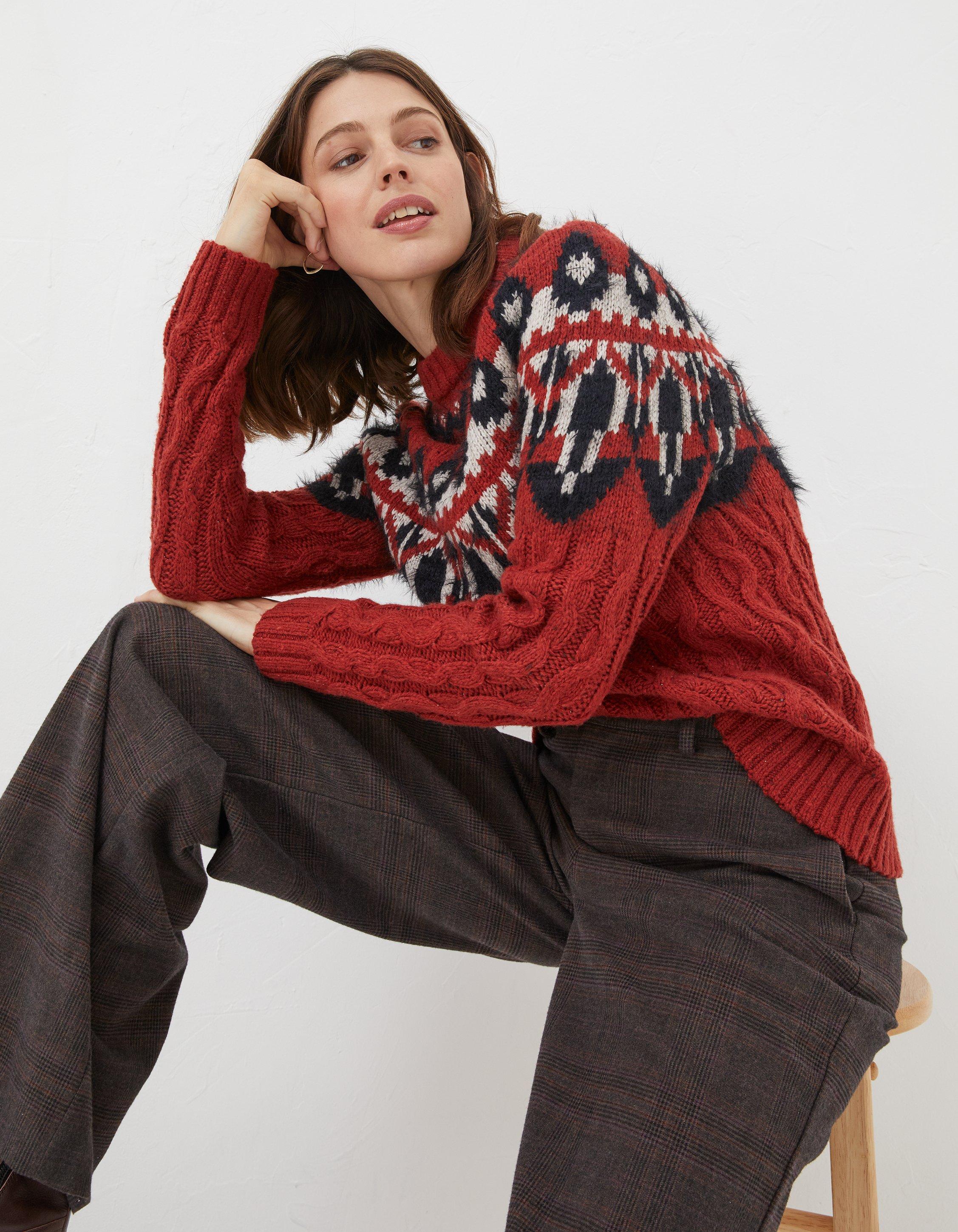 Womens Scottish Merino Wool Croft Yoke Fair Isle Jumper in Red