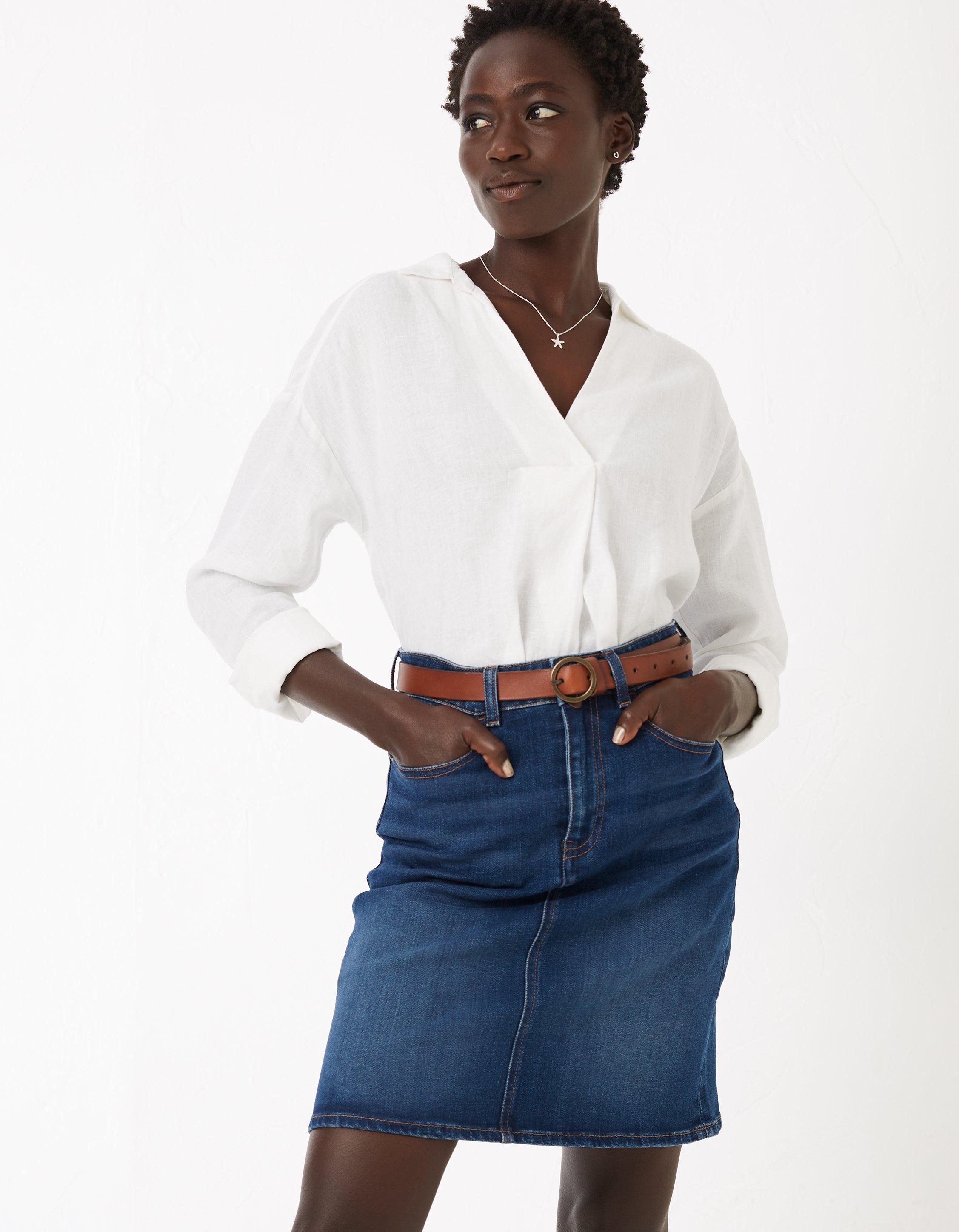 Knee length button down denim skirt sale