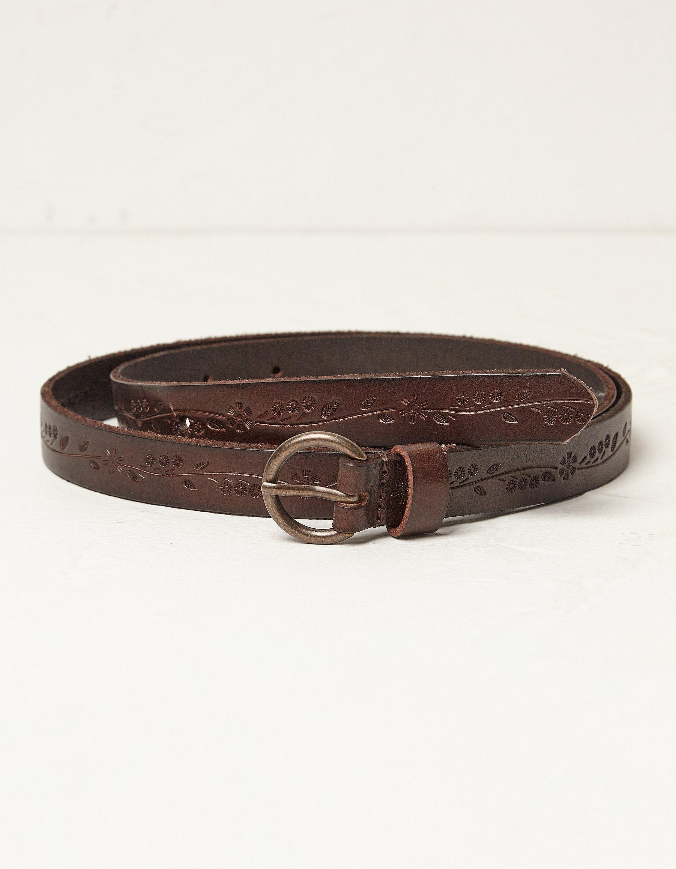 Chocolate Floral Leaf Embossed Leather Belt, Belts | FatFace.com