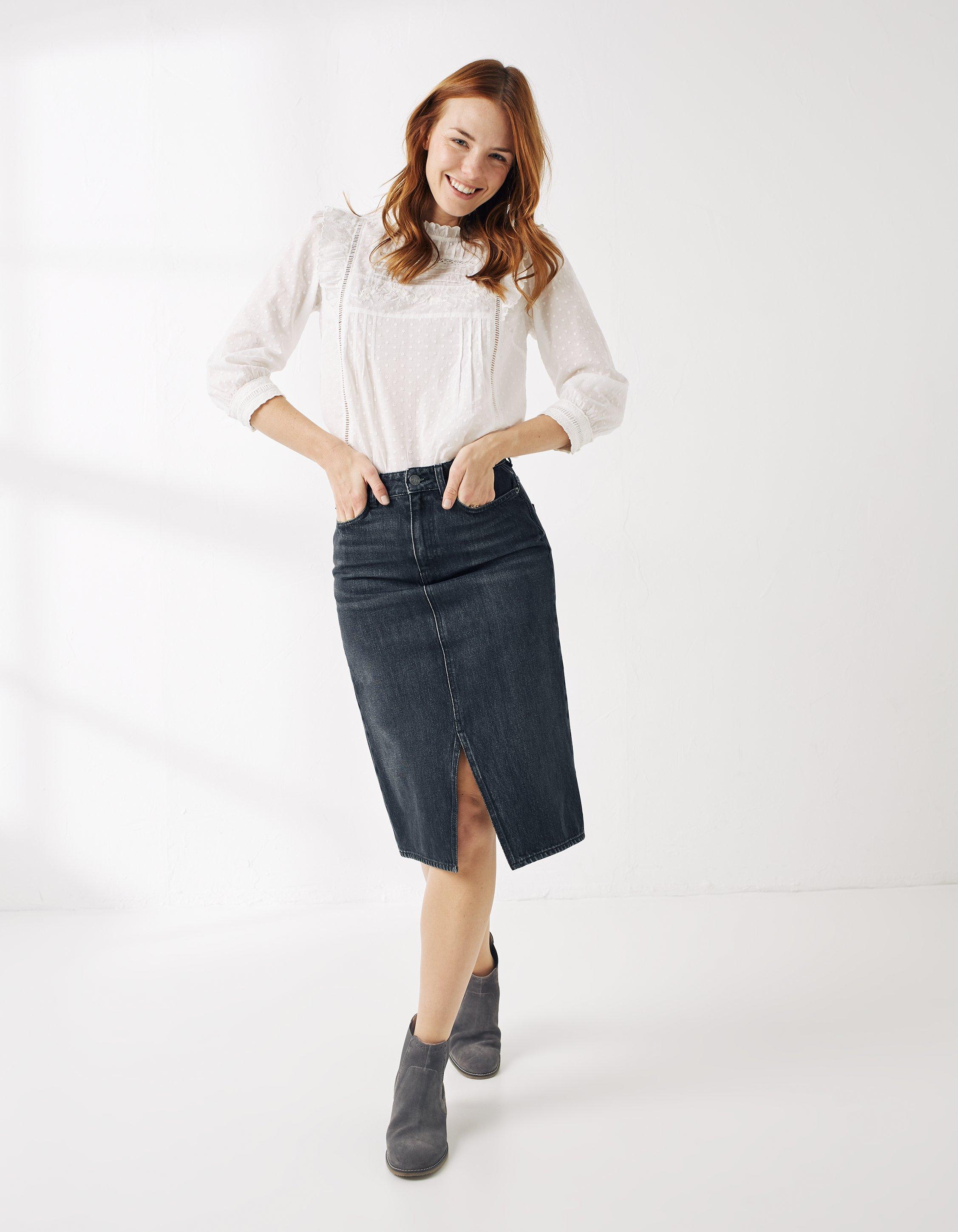 Grey Wash Faye Denim Midi Skirt, Skirts | FatFace.com