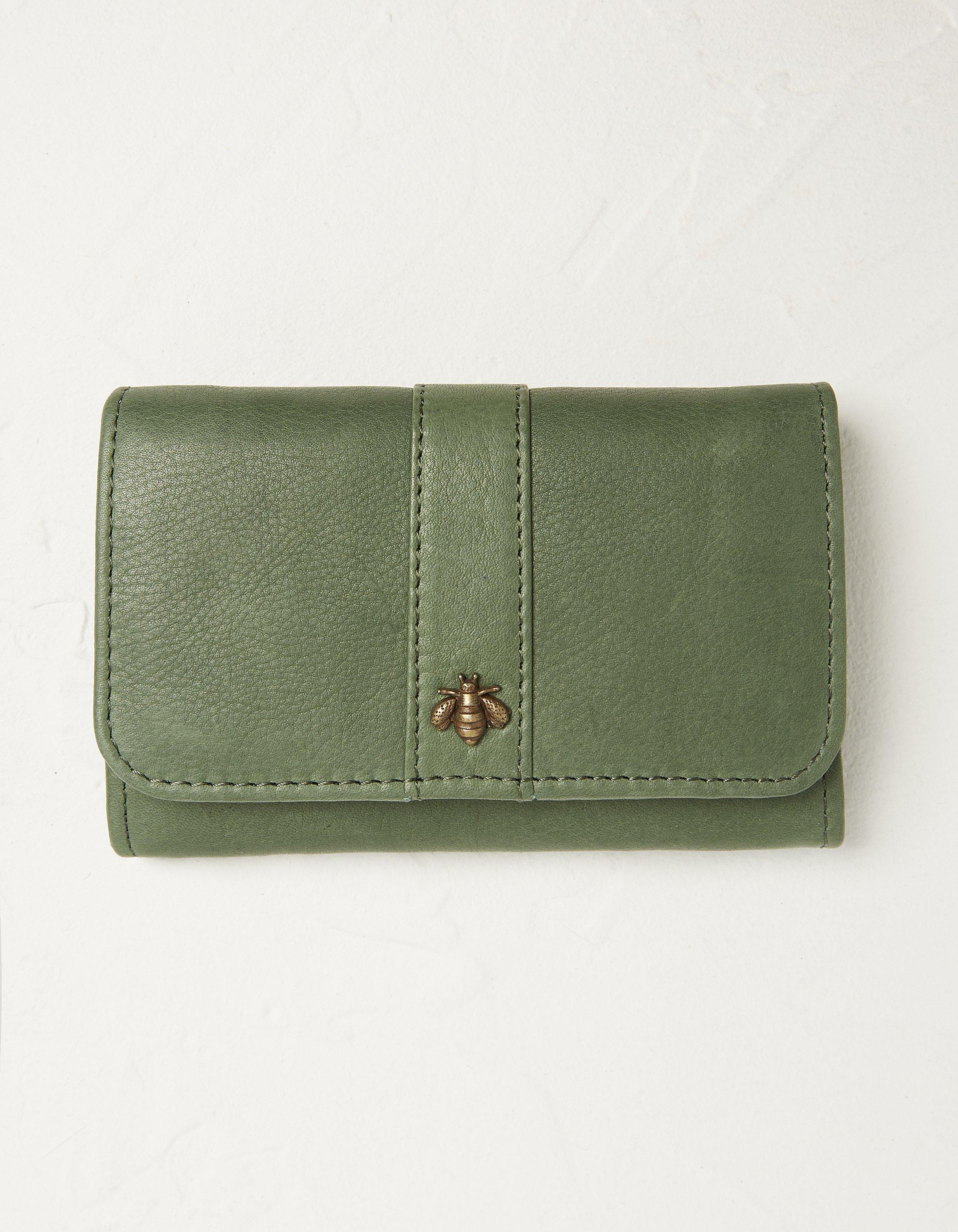 Check and Leather Zip Card Case in Olive Green - Women