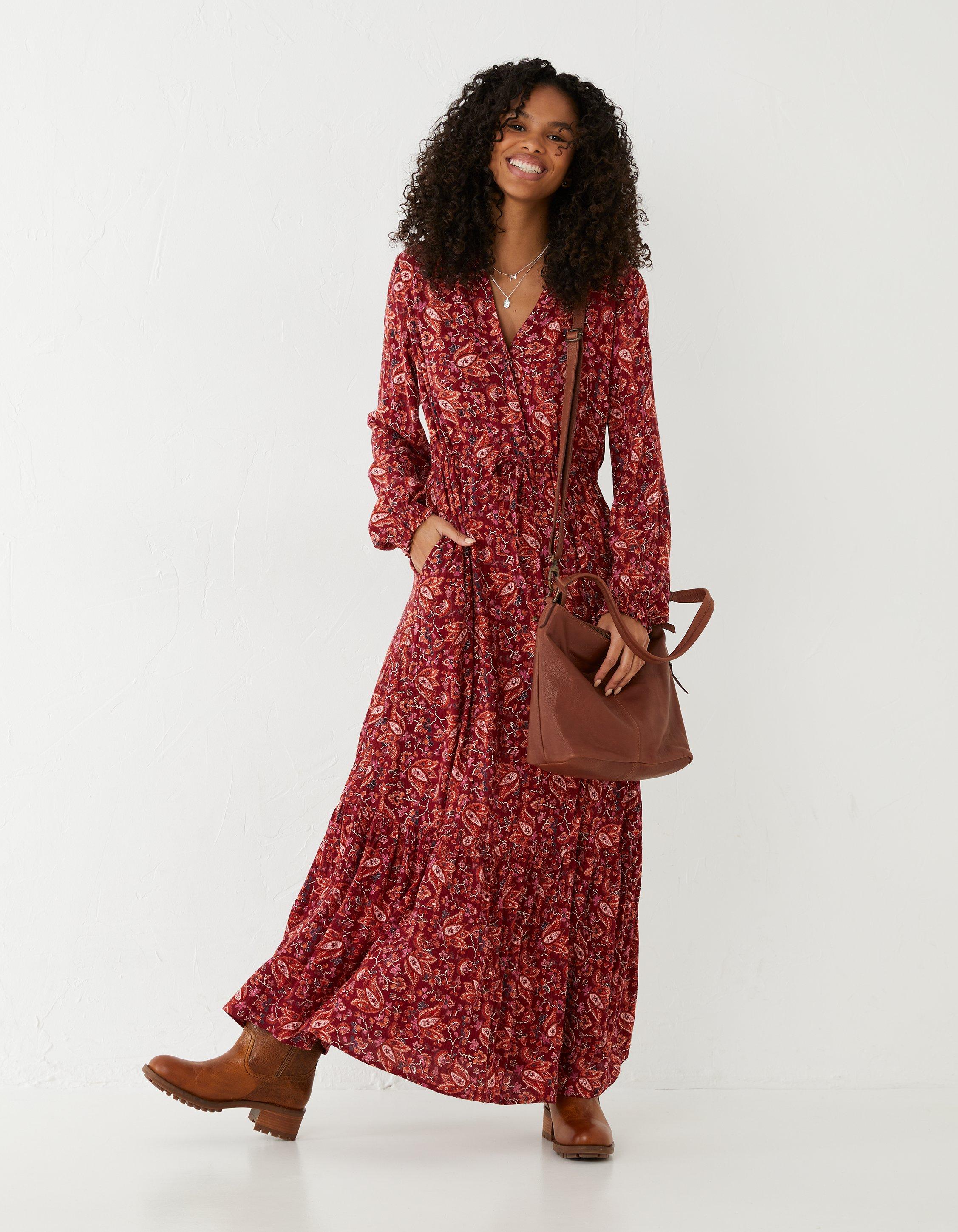 Red floral maxi dress with sleeves sale