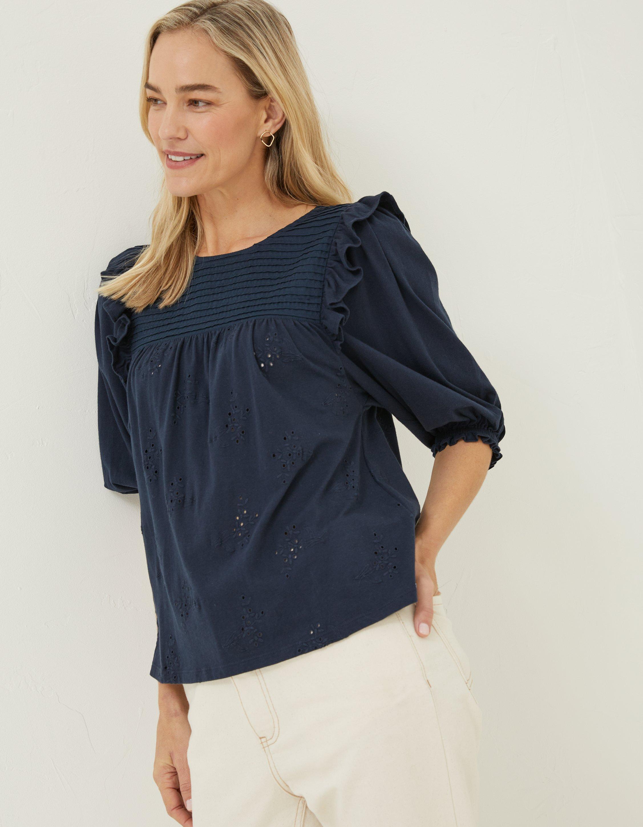 Navy Marlo Embroidered Top, Tops & T-Shirts | FatFace.com