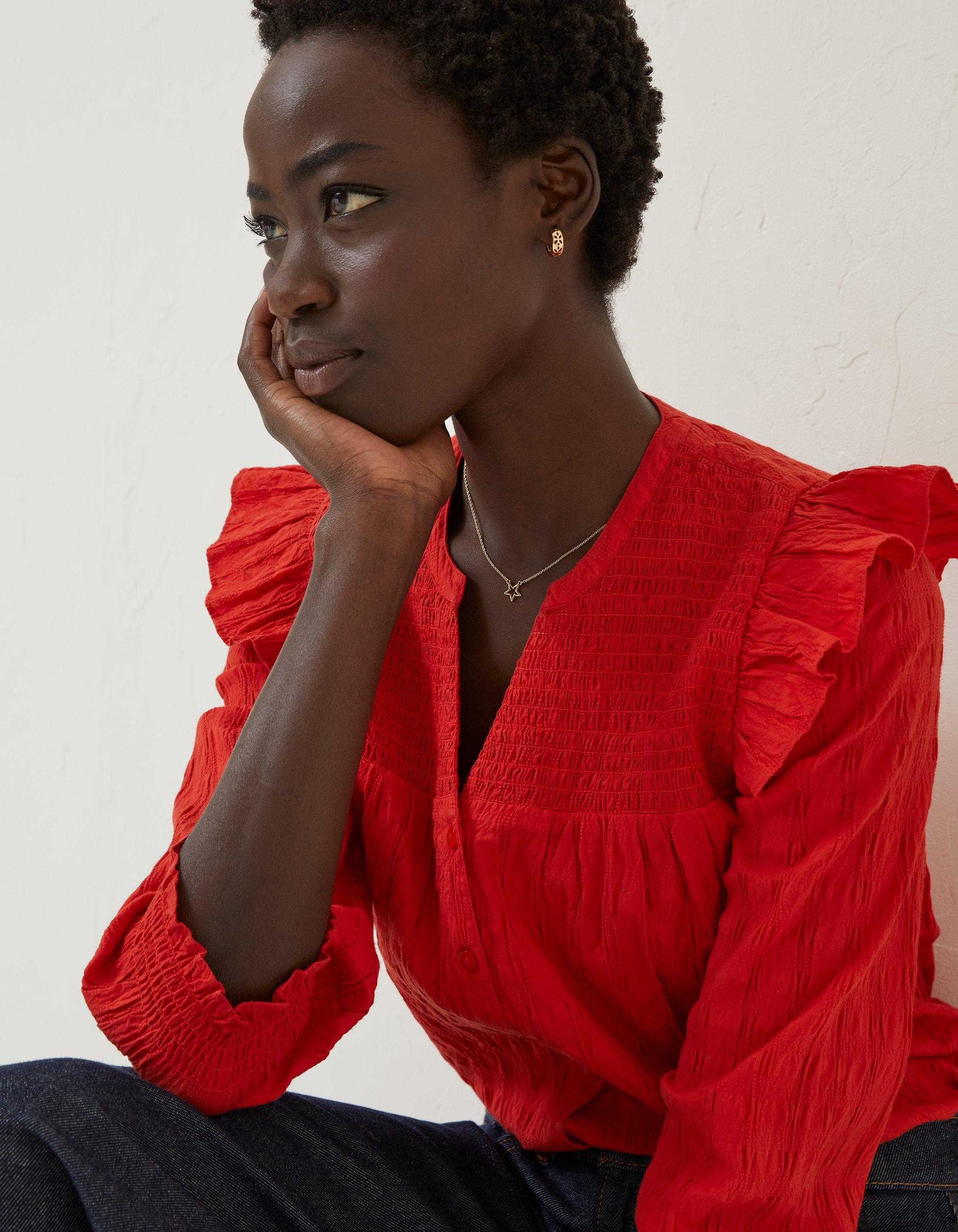 Red ruffle sleeve blouse online