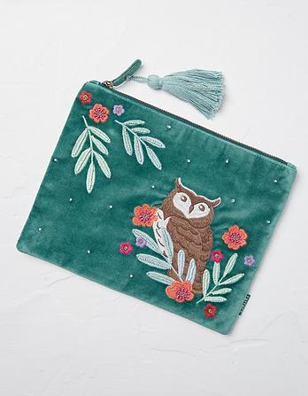 Floral Owl Velvet Pouch